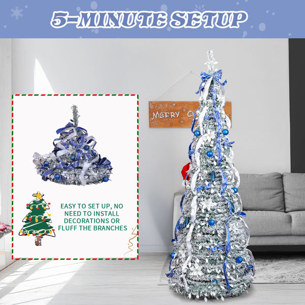 7FT Pop Up Pre-lit Tree - 200 Lights and Blue Silver Ornaments