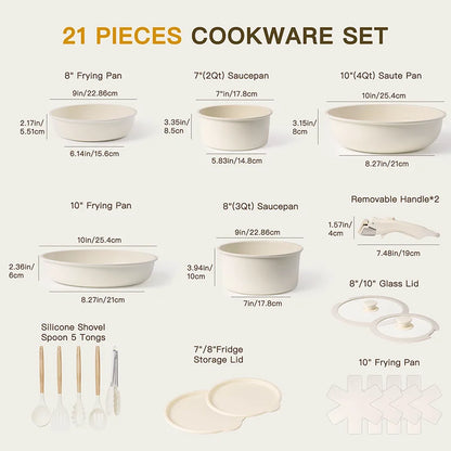 21 Pc Non-Stick, Ceramic Cookware, Sensor Handles, Milky white