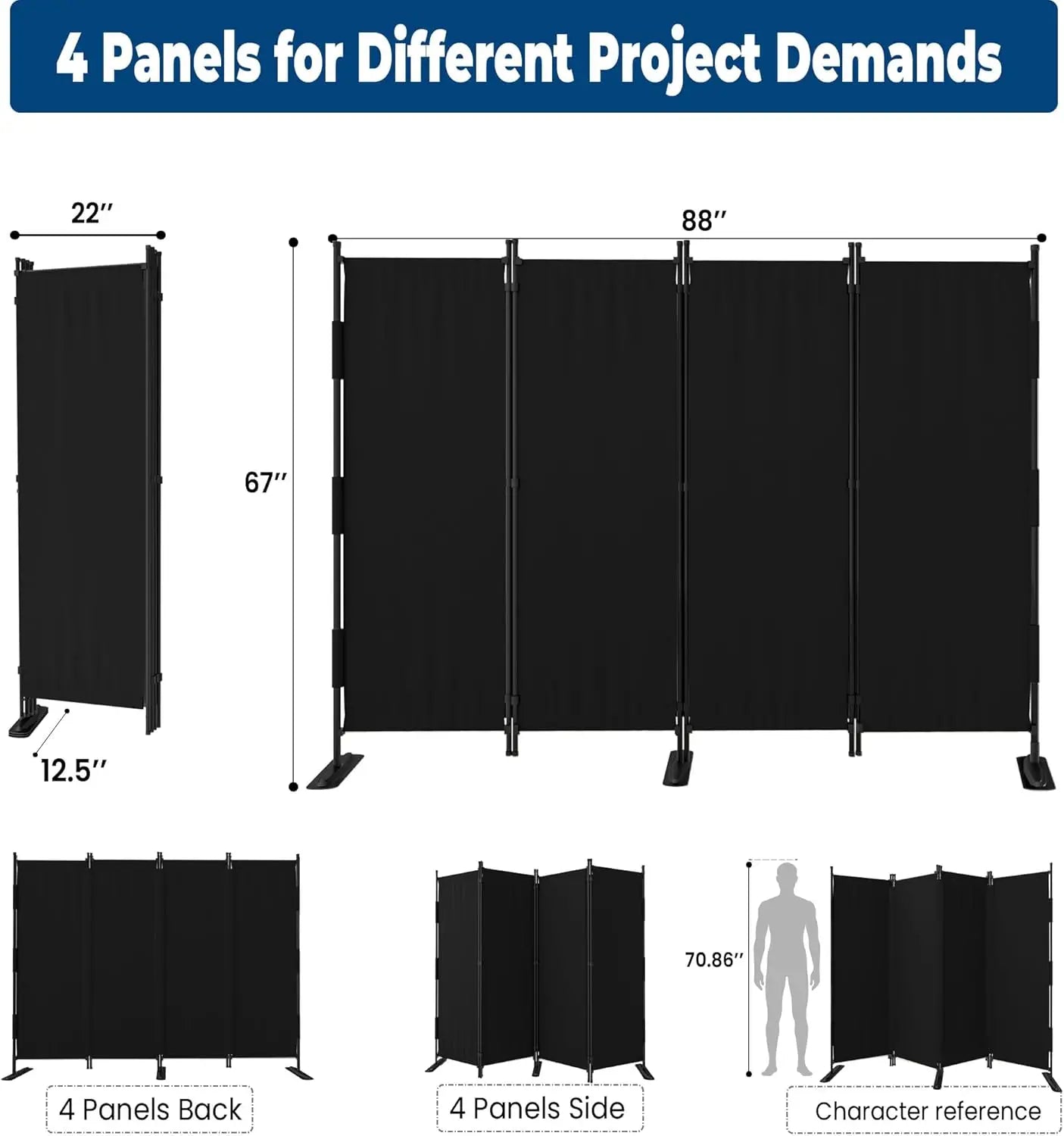 4 Panel Black Room Divider, Freestanding