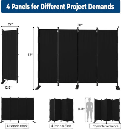 4 Panel Black Room Divider, Freestanding