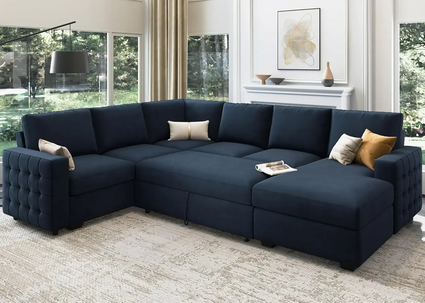 6-Seater Sectional Sleeper Sofa with Pull Out Bed and Storage