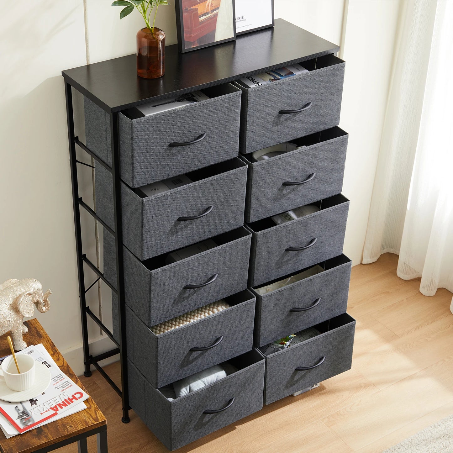 Bedside Nightstand Storage Cabinet With Steel Frame