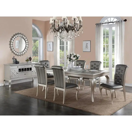 7pc Rect. Glass Dining Table Set w/ 6 Tufted Side Chairs
