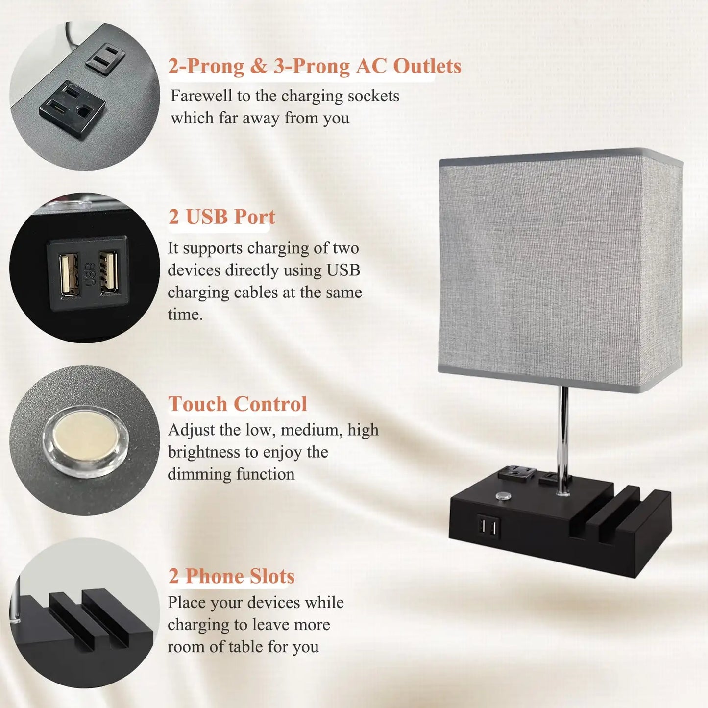 15.7" Dimmable Table Lamp, Dual USB Charging Ports