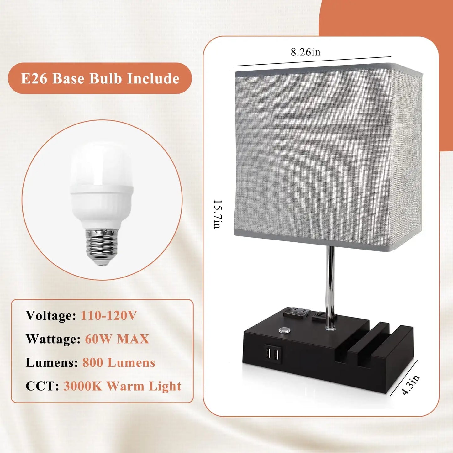 15.7" Dimmable Table Lamp, Dual USB Charging Ports