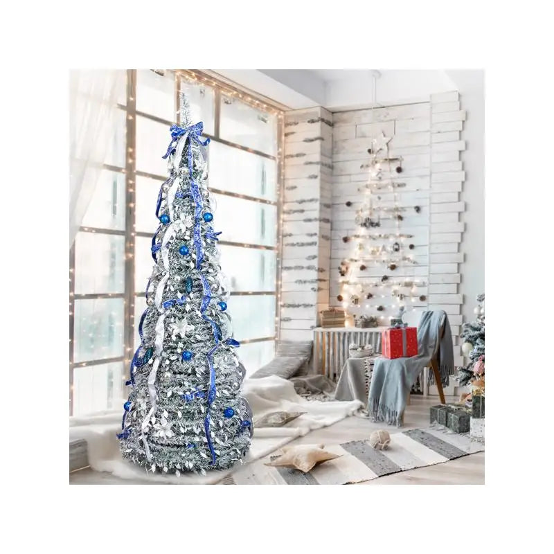 7FT Pop Up Pre-lit Tree - 200 Lights and Blue Silver Ornaments