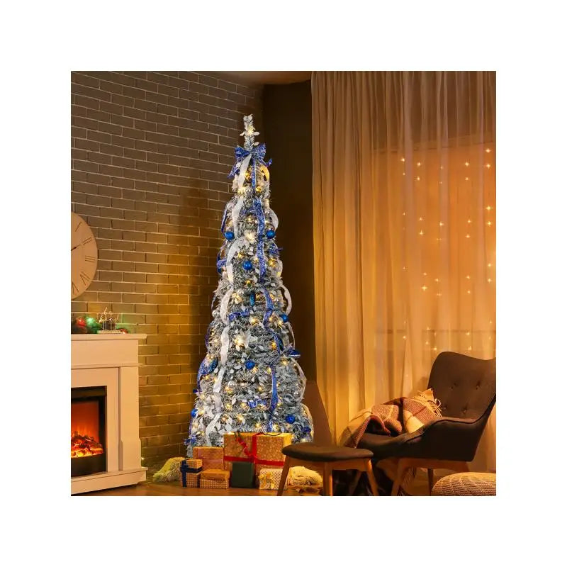 7FT Pop Up Pre-lit Tree - 200 Lights and Blue Silver Ornaments