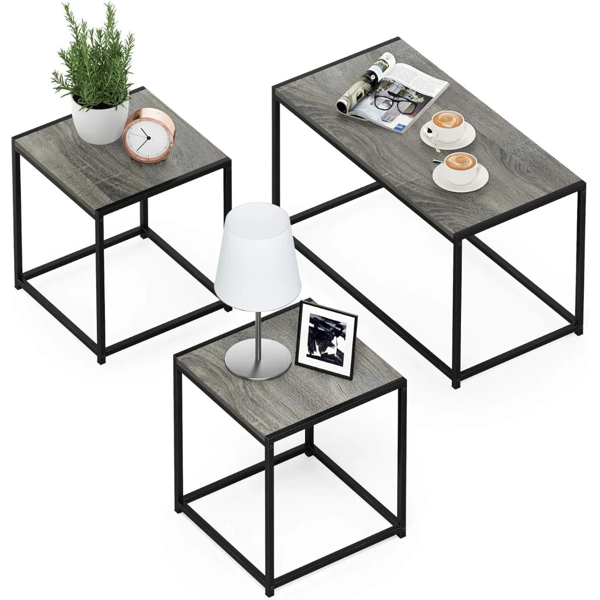 3 Piece Oak Grey Coffee Table Set