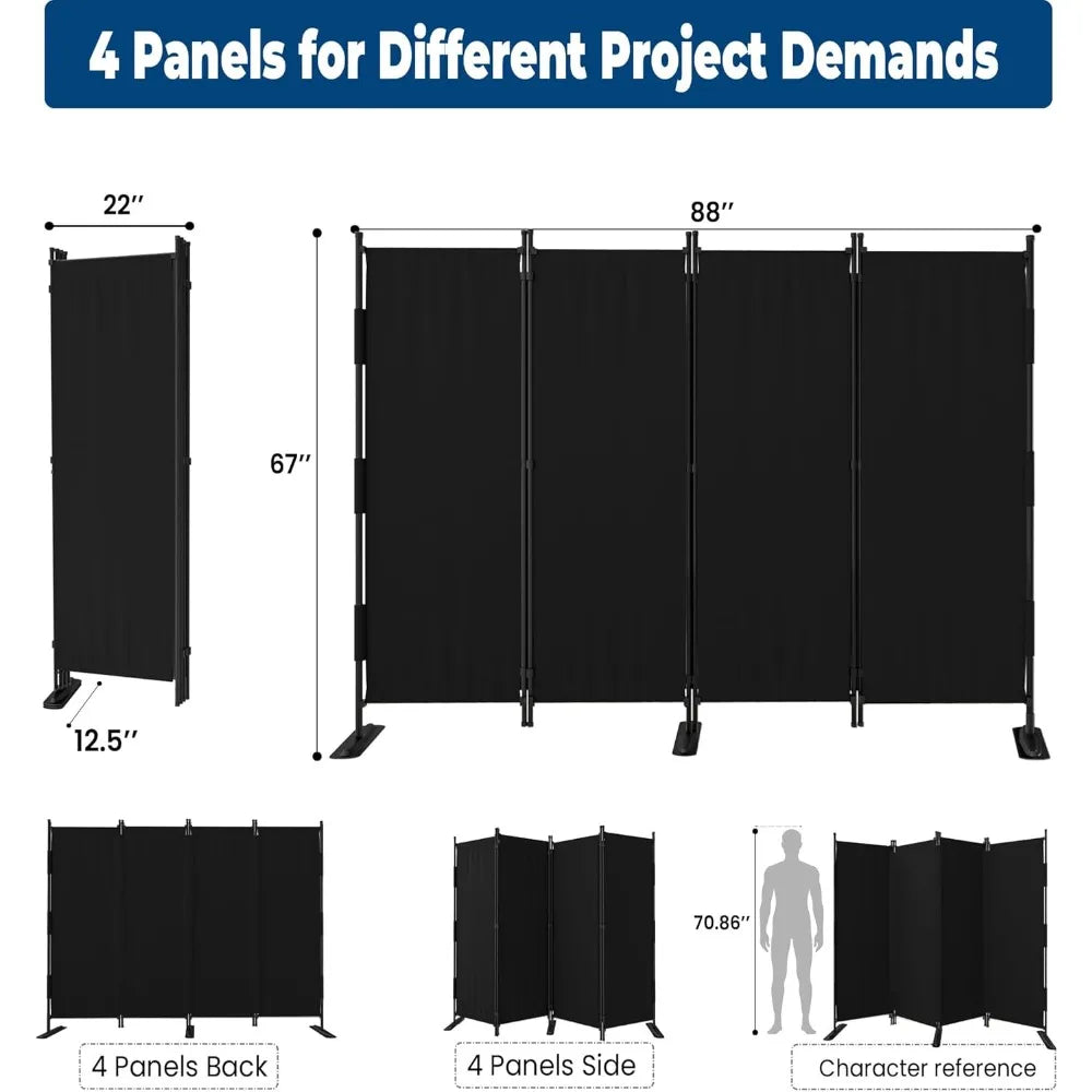 4 Panel Black Room Divider, Freestanding
