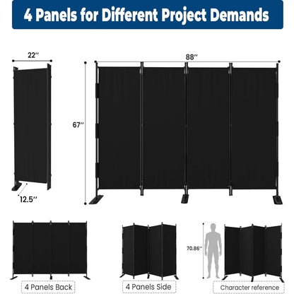 4 Panel Black Room Divider, Freestanding